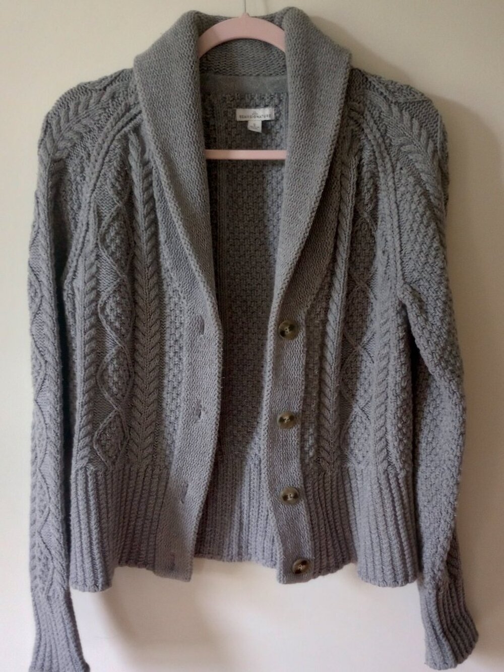 L.L Bean Signature Cable Knit Fisherman Shawl Cardigan Sweater sz S